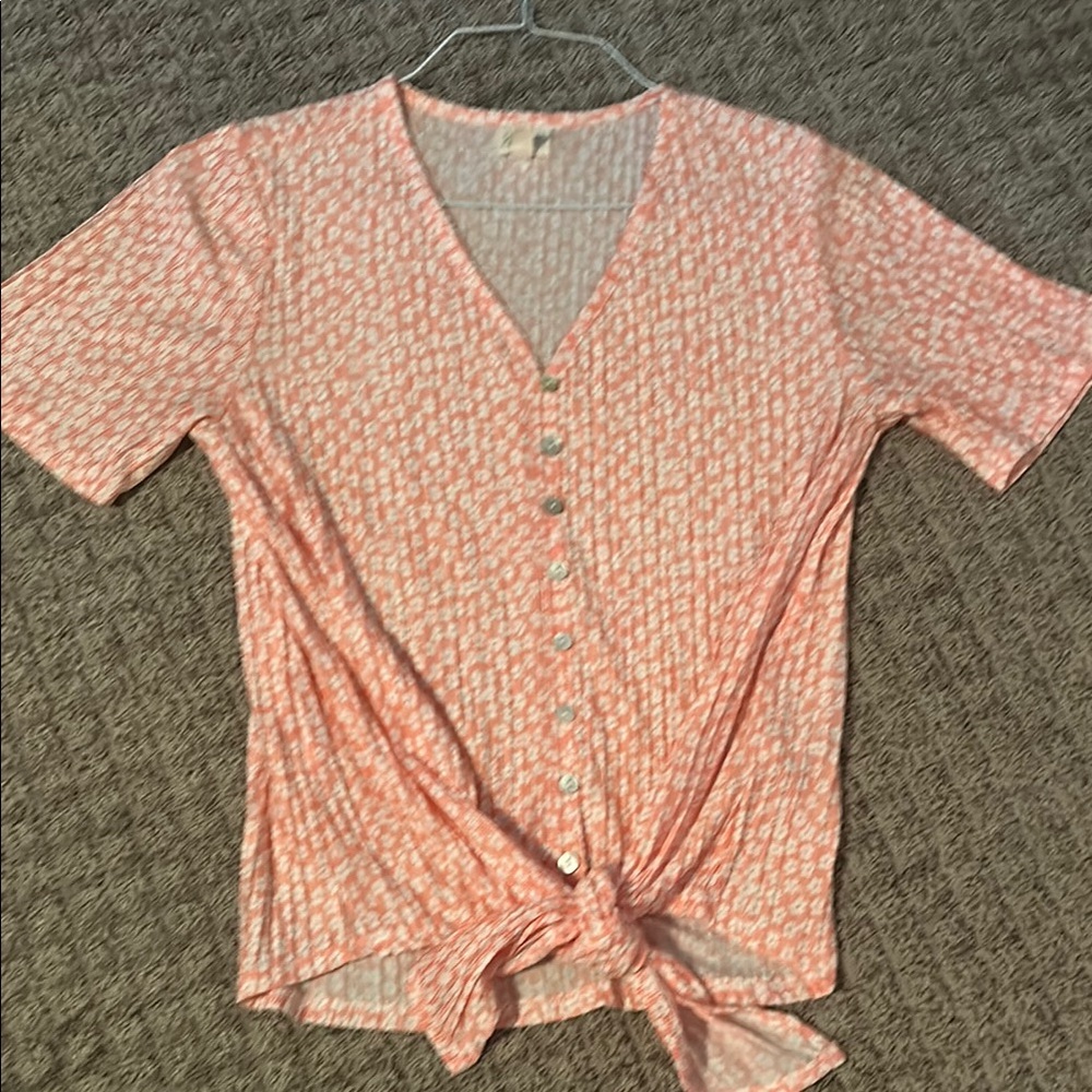 Coral Floral Button-Down Tie-Front Shirt